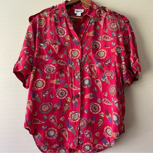 LESLIE FAY 80s 90s Paisley Women's Short Sleeve Button up with Shoulder Pads - Picture 1 of 6